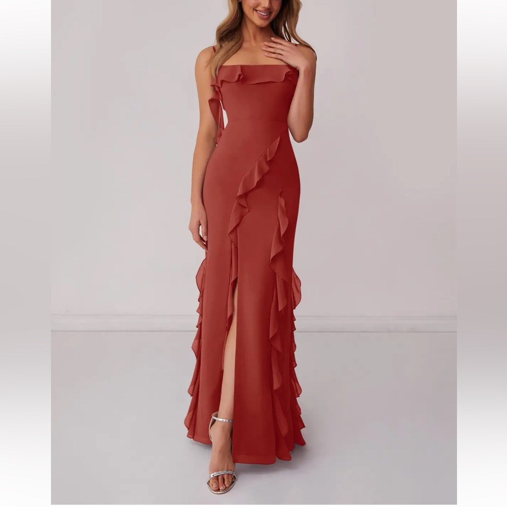 Azazie Terracotta Sheath Bow Chiffon Dress